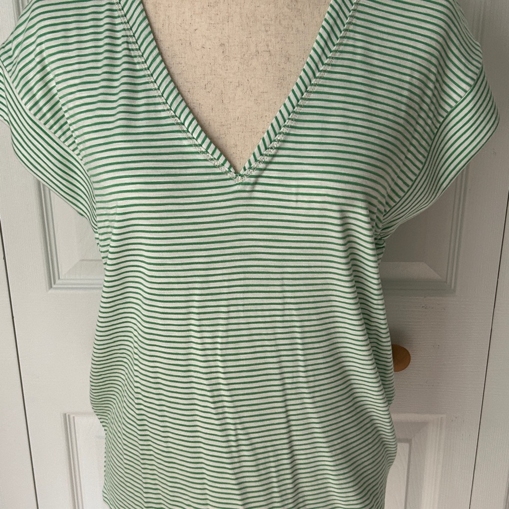 White House Black Market Green Striped V-Neck Top